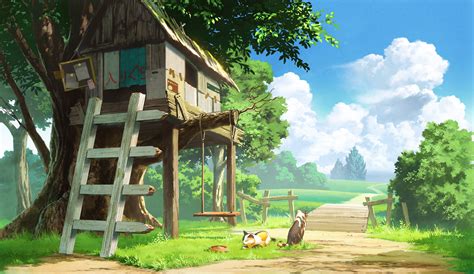 Download 2376x1374 Anime Landscape Tree House Cats