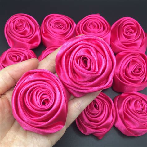 12pc hot pink 2 satin ribbon rose flowers diy wedding bridal bouquet decor 50mm for sale online