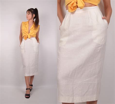 Pt White Linen High Waisted Midi Skirt