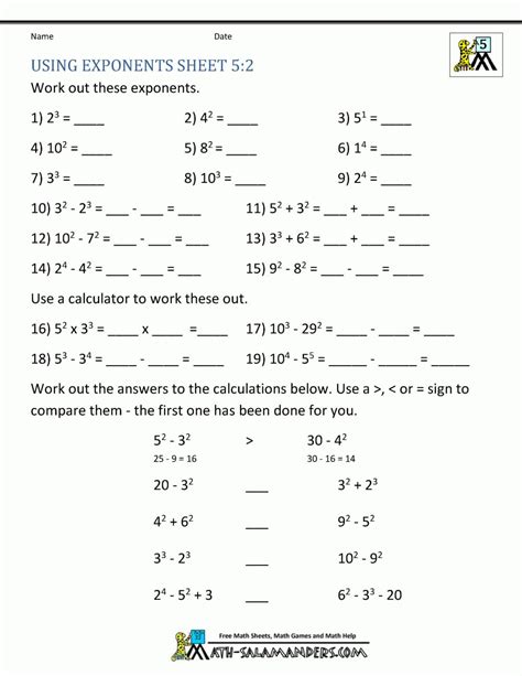 This is a comprehensive collection of free printable math worksheets for grade 5, organized by topics such as addition, subtraction, algebraic thinking, place value, multiplication, division, prime factorization, decimals, fractions, measurement, coordinate grid. Math Worksheets 5Th Grade Exponents And Parentheses — db ...
