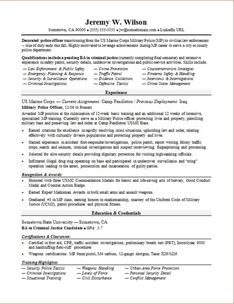 police officermilitary  civilian resume sample