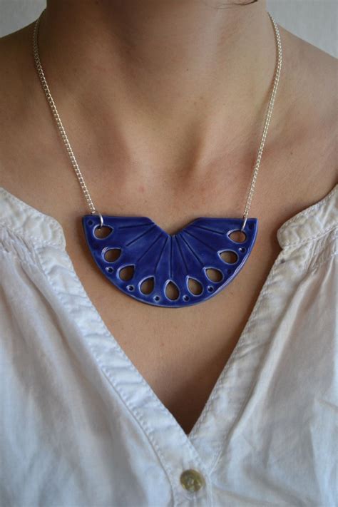 Ceramic Statement Necklace Royal Blue Bib Necklace Delft Blue Jewelry