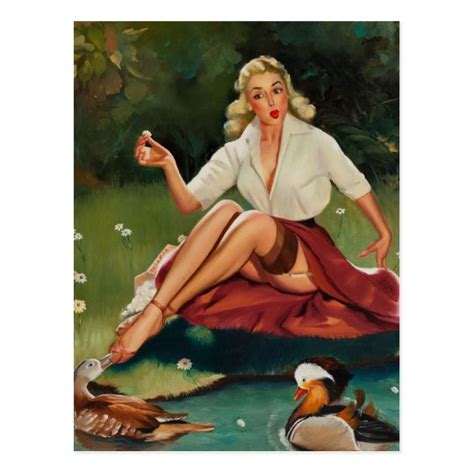 Girl With Ducks Pin Up Art Postcard