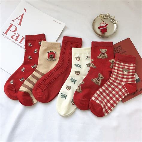 💰kaufe 1 Pair Red Bear Girls Cartoon Ankle Socks Cotton Hosiery Christmas Socks Womens Socks