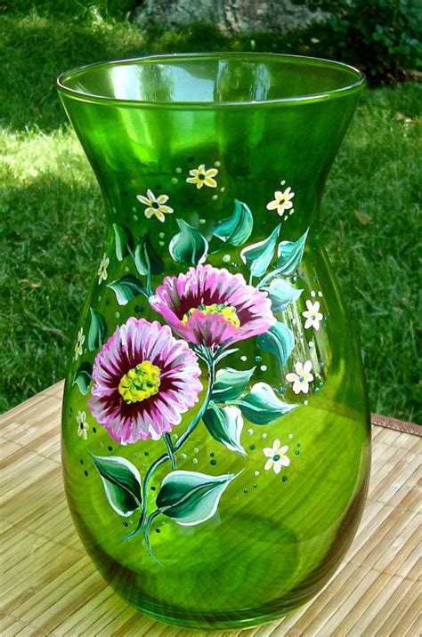 Hand Painted Green Glass Vase With Pink Flowers Hand Painted Etsy Green Glass Vase Hand