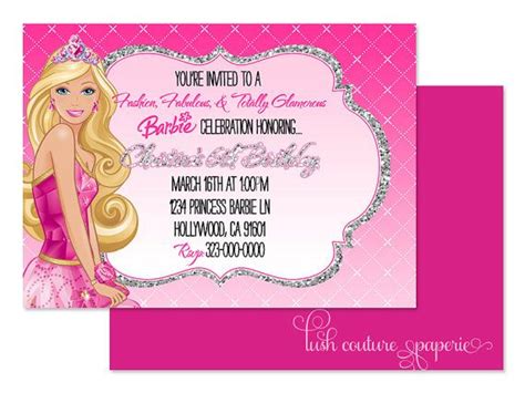 Barbie 5x7 Printable Print Yourself By Lushcouturepaperie 11 25 Barbie Invitations Barbie
