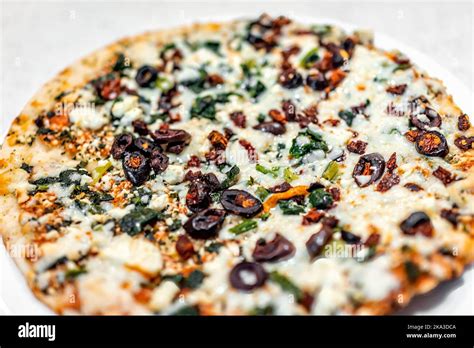 Macro Closeup Of Cooked Baked Take And Bake Greek Feta Cheese Spinach