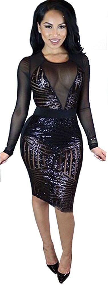 kearia women sexy black sequin mesh splice long sleeves clubwear party midi dress midi dress