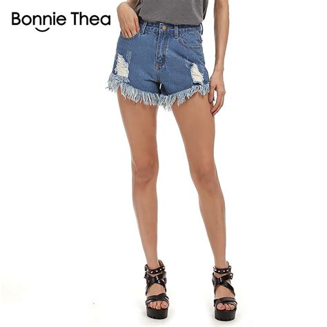 bonnie thea blue sexy hot shorts jeans women high waist tassel hole casual denim pants summer