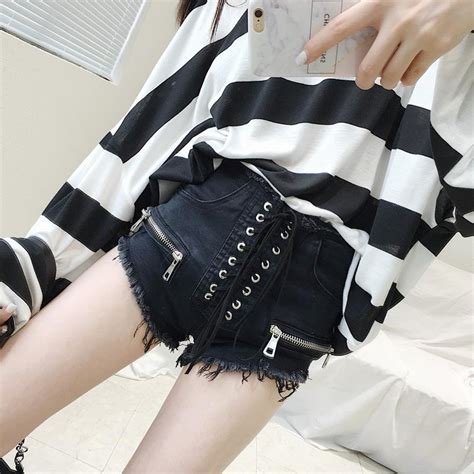 Sexy Summer S M L Women Denim Black Ripped Short Jeans High Waisted Tassel Elastic Lace Up