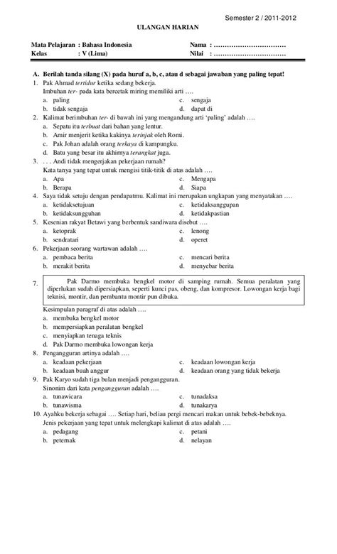 Soal Pelajaran Bahasa Indonesia Kelas 4 Sd