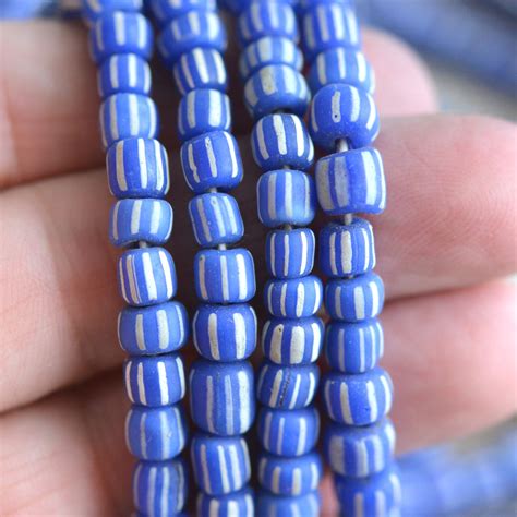 5mm Dark Blue Striped Tube Glass Beads White Striped Blue Etsy