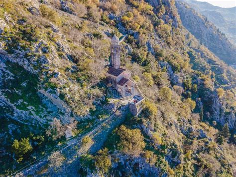 Kotor Old Town Ladder Of Kotor Fortress Hiking Trail Aerial Drone View