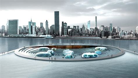 An Artists Rendering Of A Circular Stage In Front Of A Cityscape