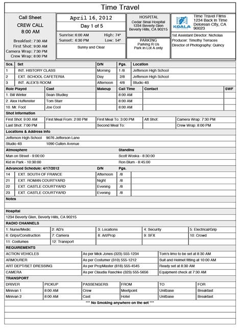 Film Production Call Sheet Template Sharedoc