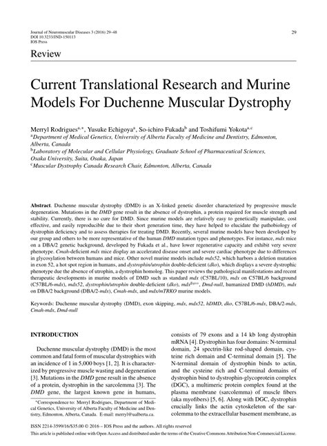 Pdf Current Translational Research And Murine Models For Duchenne Muscular Dystrophy
