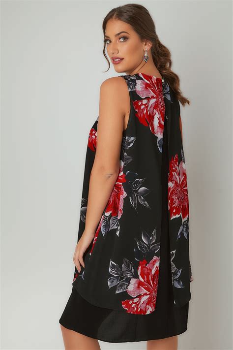 Black And Multi Floral Print Sleeveless Chiffon Layered Dress Plus Size