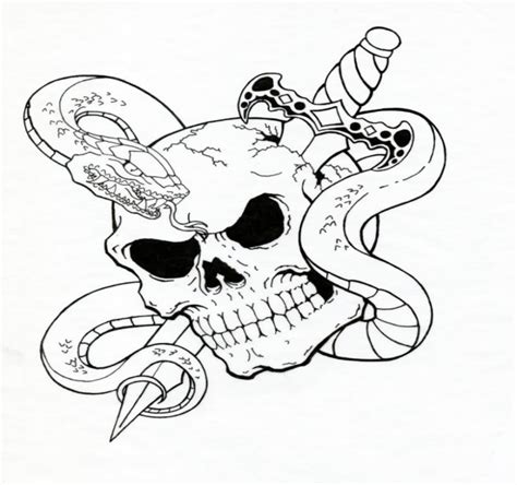 Evil Outline Snake Curled Around Skull Pierced With Dagger Tattoo