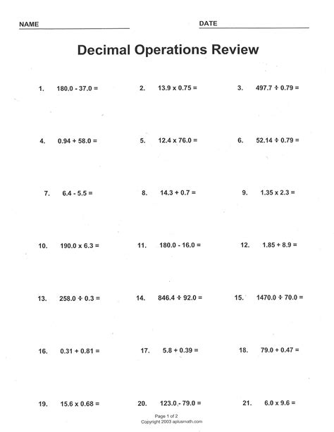 Operations With Decimals Review Worksheet