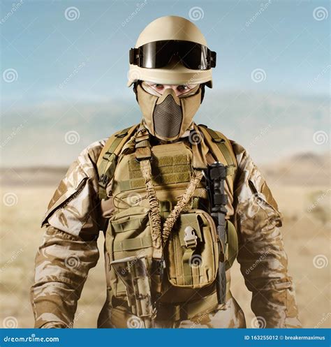 Soldier In Uniform Standing In Desert Stock Photo Image Of Mission