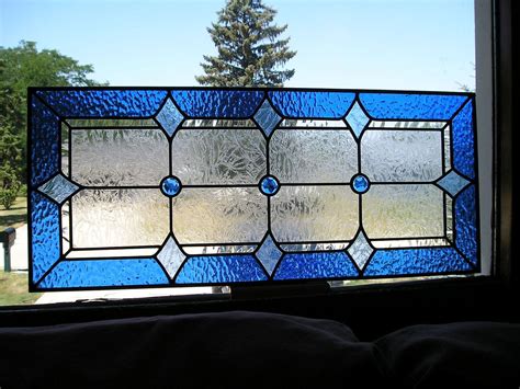 Vintage Stained Glass Window Blue 3 Jewel Craftsman Style Panel