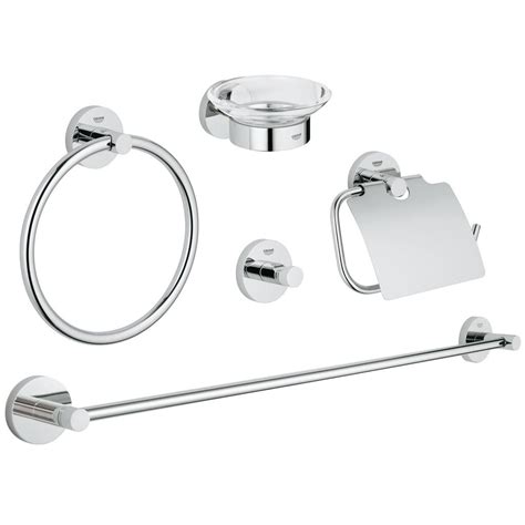 Coordinating accessories to match your bathroom suite choose from modern, traditional and transitional décor ranging from towel bars to tissue holders and robe hooks. Grohe 40344001 Essentials Master Bathroom Accessories Set ...