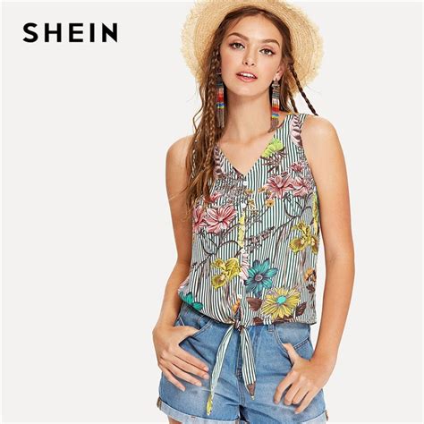 Buy Shein Multicolor Vacation Boho Bohemian Beach Floral Print Striped V Neck