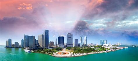 Panoramic Aerial View Of Miami Downtown At Sunset Buildings And Stock