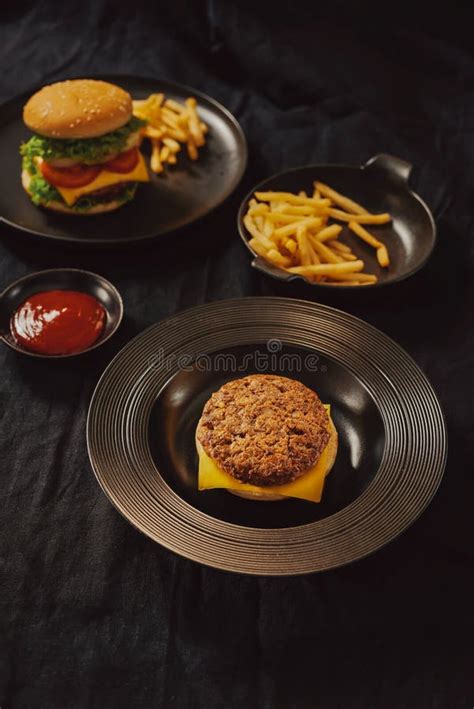 Fresh Tasty Burger On Dish With With French Fries Ketchup Stock Image