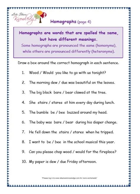 grade  grammar topic  homographs worksheets lets share knowledge