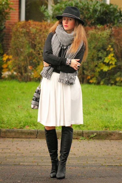 White Midi Skirt With Black Overknee Boots From Highheels Boutique