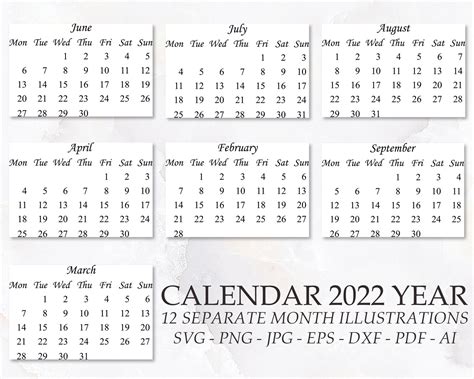 Calendar 2022 Year Svg Png Files And Other 12 Month Etsy