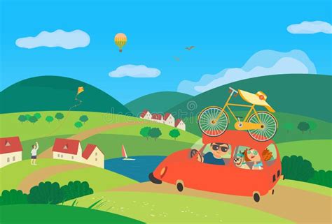 旅行乘汽车 向量例证 插画 包括有 钞票 自行车骑士 图画 乡下 小山 逗人喜爱 红色 概念 113503333