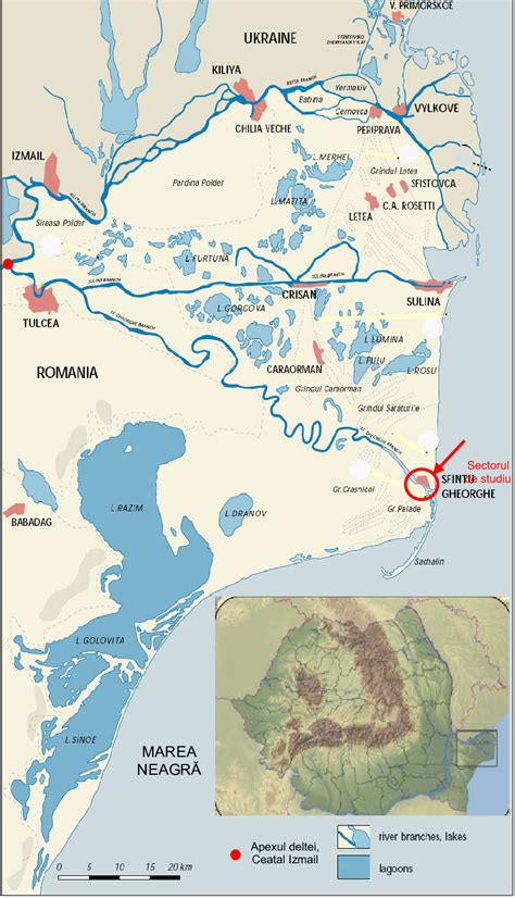 Harta Deltei Dunării cu cele 3 braţe principale Chilia Sulina şi Sf