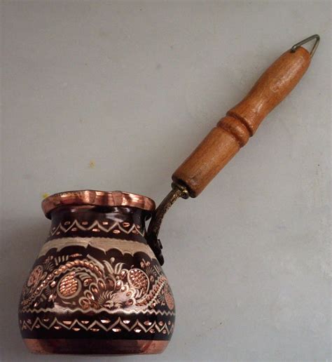 Turkish Coffee Pot Cezve With Silver Engravings On Copper Wood Handle