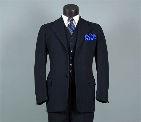 Vintage Mens Suit 1940s Navy Wool Pinstripe 3 Three Piece Mens Vintage