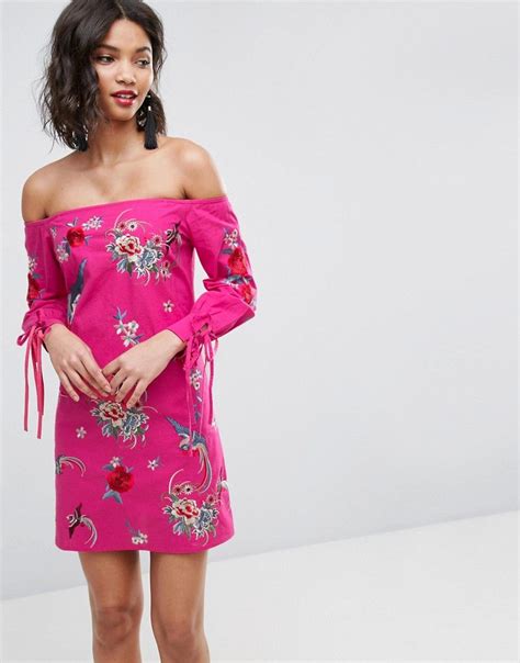 ASOS PREMIUM Off Shoulder Embroidery Mini Dress With Cuff Ties Pink