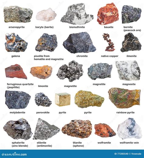 Coleção Dos Minerais E Dos Minérios Crus Com Nomes Foto de Stock