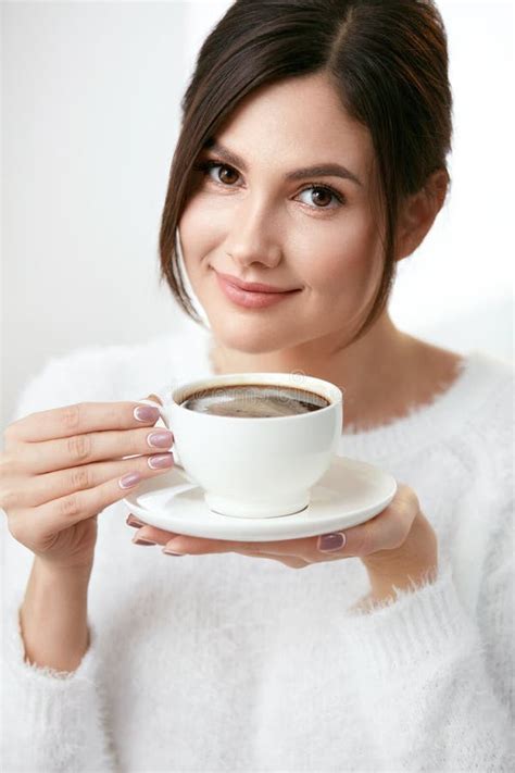 Beautiful Woman With Cup Of Coffee Stock Image Image Of Cafe Happy