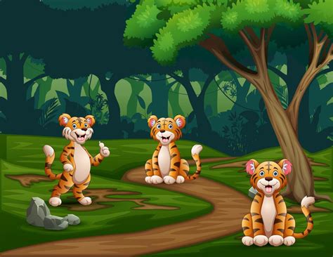 Dibujos Animados De Tres Tigres Disfrutando En El Bosque 6079391 Vector