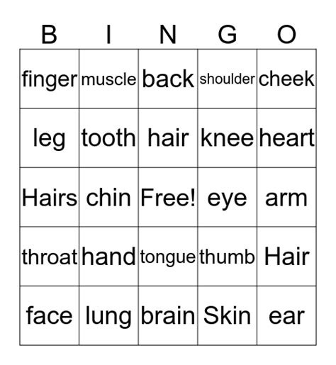 body parts bingo card