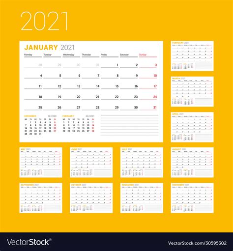 Calendar Template For 2021 Year Business Planner Vector Image
