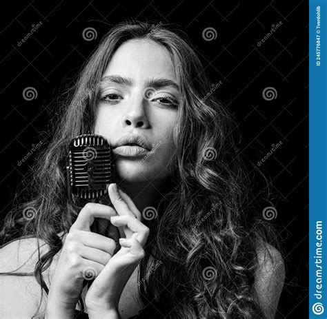 Karaoke Woman Girl Singer With Microphone Sensual Vintage Girl Singer Concert Sing Stock