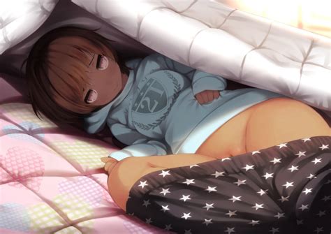 Akagi Asahito Original 1girl Bed Blanket Blush Brown Hair