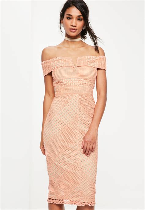 Lyst Missguided Pink Lace V Bardot Midi Dress In Pink