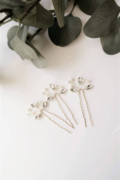 Set Of 3 Crystal Hair Pins Bridal Hair Pins Silver Hair Pins Etsy