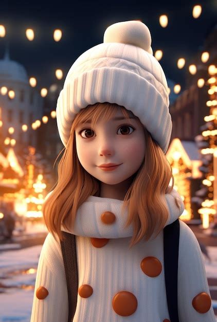Premium Ai Image An Animated Christmas Girl In A White And Gold Beanie