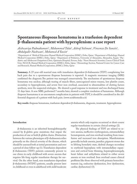 Pdf Spontaneous Iliopsoas Hematoma In A Trasfusion Dependent β