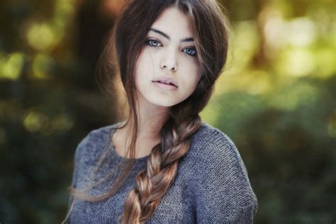 Jovana Rikalo Women Brunette Portrait Braids Long Hair Blue Eyes Fair Skin Blue Sweater Women