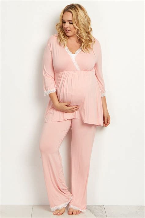 Pink Lace Trim Plus Maternity Pajama Set Maternity Pajama Set Plus Size Maternity Dresses Cute